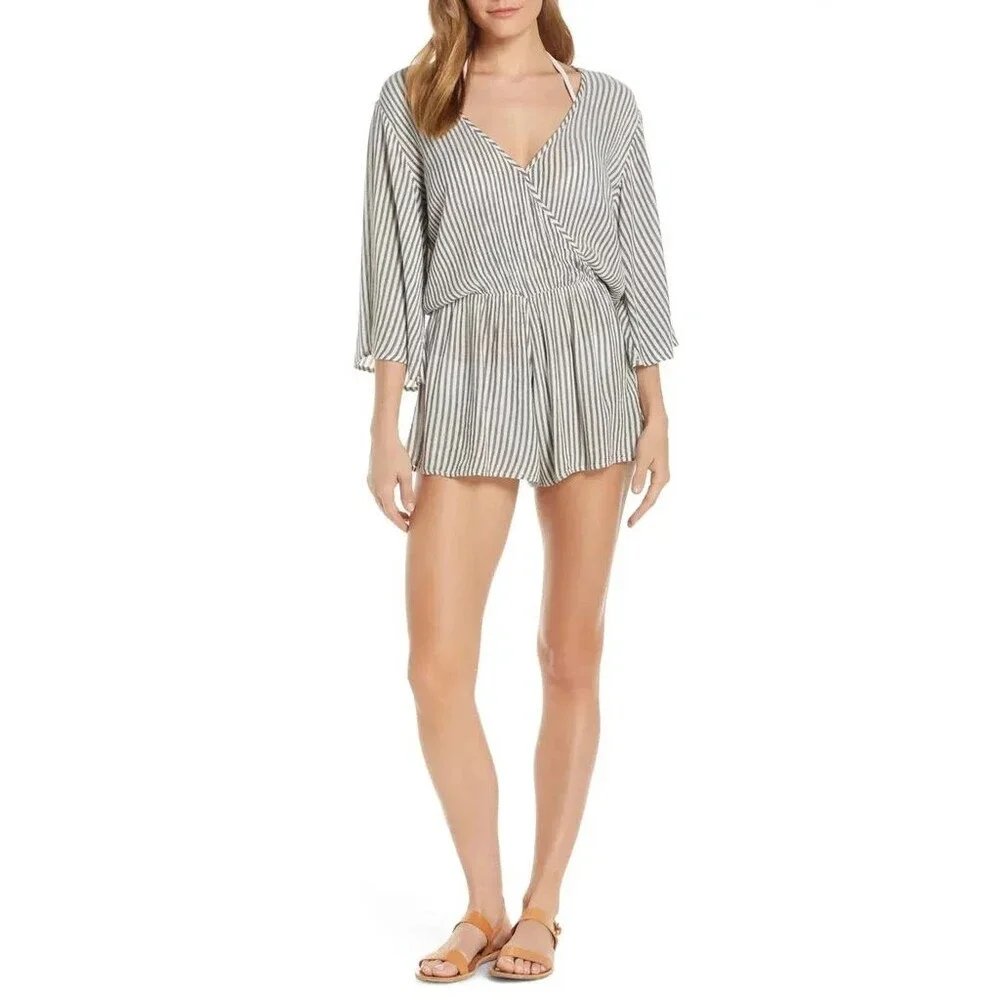 Elan Wrap Cover Up Swim Romper S 3/4 Sleeve Charcoal Gray White Vacay B27